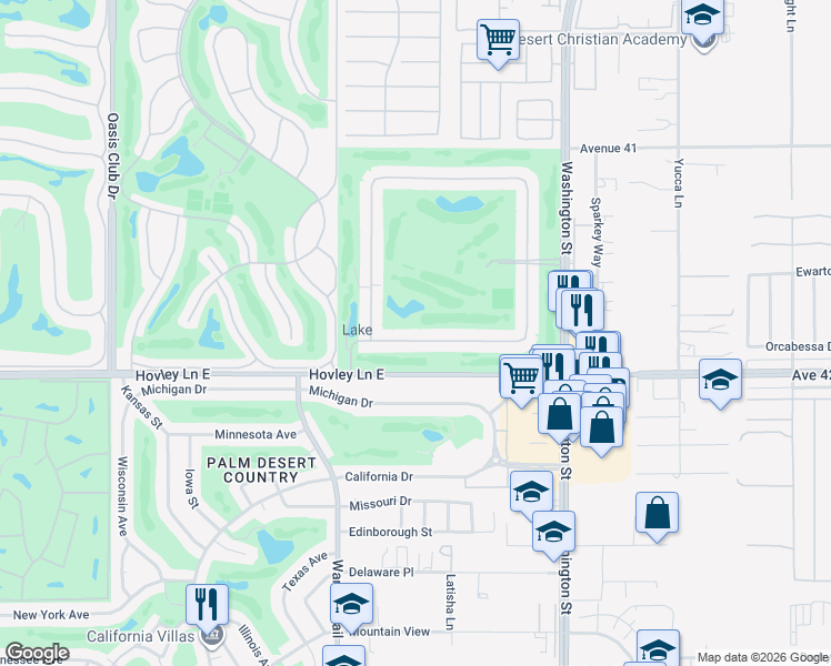 map of restaurants, bars, coffee shops, grocery stores, and more near 77654 Woodhaven Drive South in Palm Desert