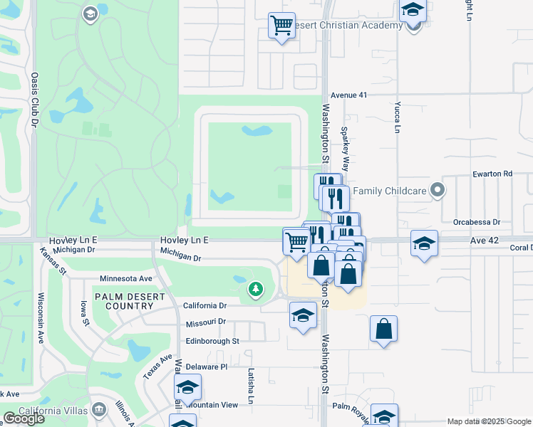 map of restaurants, bars, coffee shops, grocery stores, and more near 77796 Woodhaven Drive South in Palm Desert