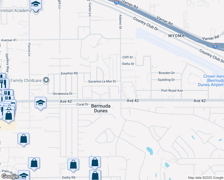map of restaurants, bars, coffee shops, grocery stores, and more near 78650 Avenue 42 in Bermuda Dunes