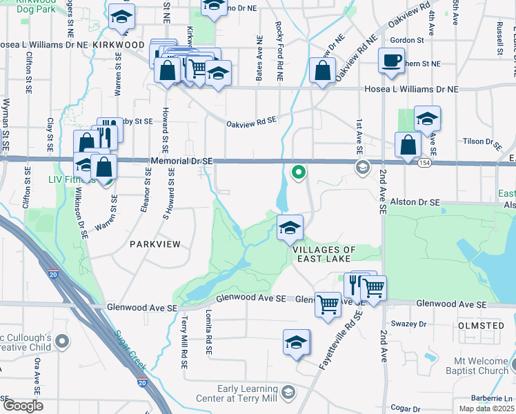 map of restaurants, bars, coffee shops, grocery stores, and more near 2035 Memorial Drive Southeast in Atlanta