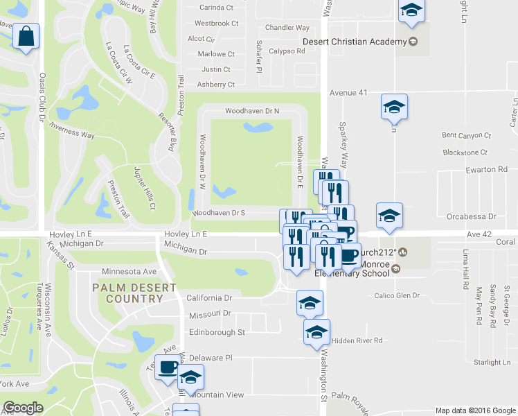 map of restaurants, bars, coffee shops, grocery stores, and more near 77774 Woodhaven Drive South in Palm Desert