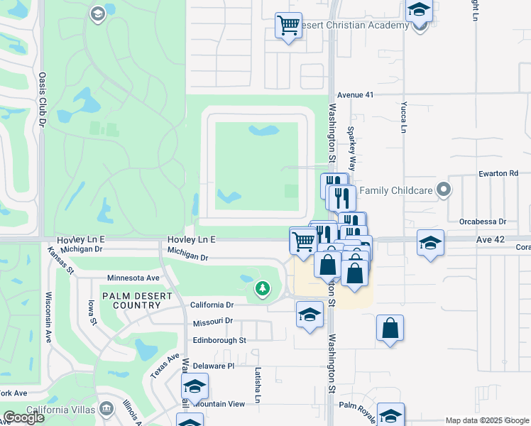 map of restaurants, bars, coffee shops, grocery stores, and more near 77738 Woodhaven Drive South in Palm Desert