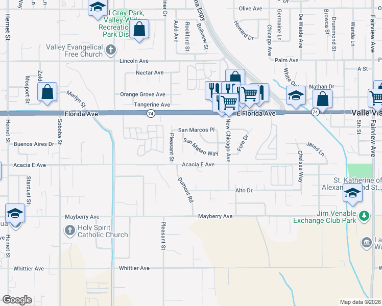 map of restaurants, bars, coffee shops, grocery stores, and more near 25933 San Leandro Court in Hemet