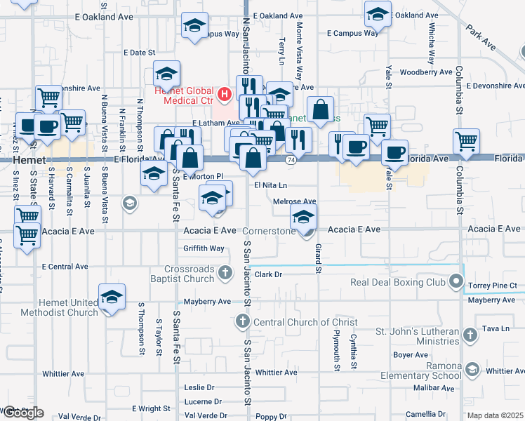 map of restaurants, bars, coffee shops, grocery stores, and more near 216 South San Jacinto Street in Hemet