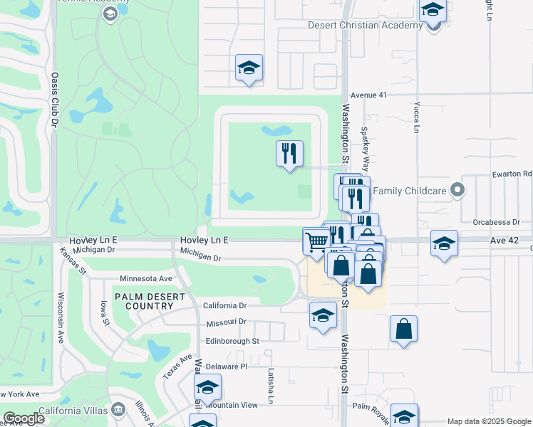 map of restaurants, bars, coffee shops, grocery stores, and more near 77738 Woodhaven Drive South in Palm Desert