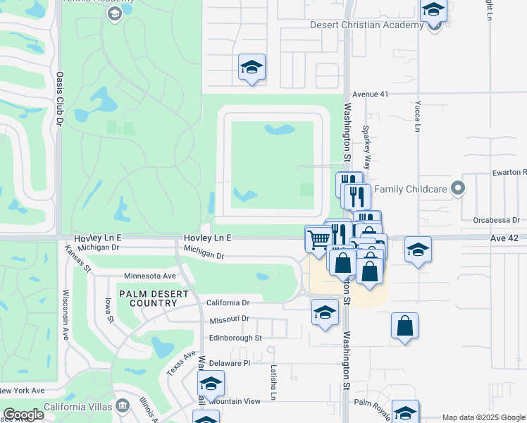 map of restaurants, bars, coffee shops, grocery stores, and more near 77718 Woodhaven Drive South in Palm Desert