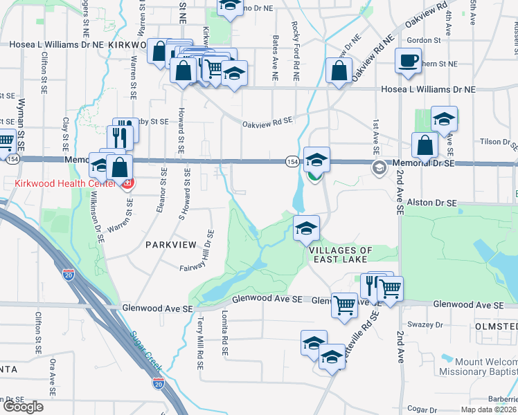 map of restaurants, bars, coffee shops, grocery stores, and more near 2035 Memorial Drive Southeast in Atlanta