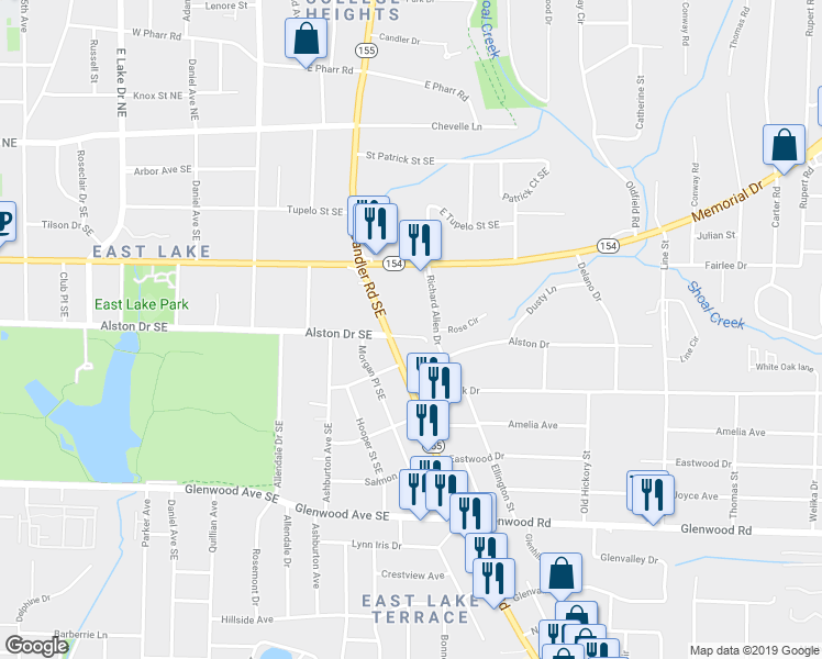 map of restaurants, bars, coffee shops, grocery stores, and more near 2960 Alston Drive Southeast in Atlanta