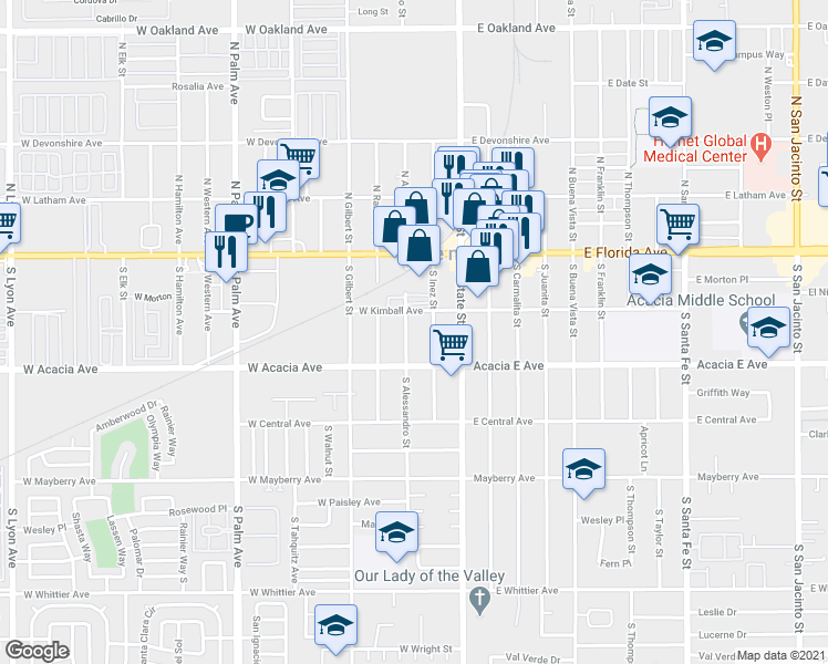 map of restaurants, bars, coffee shops, grocery stores, and more near 224 South Alessandro Street in Hemet