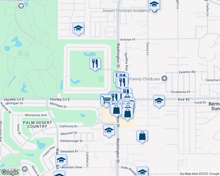 map of restaurants, bars, coffee shops, grocery stores, and more near 41820 Woodhaven Drive East in Palm Desert