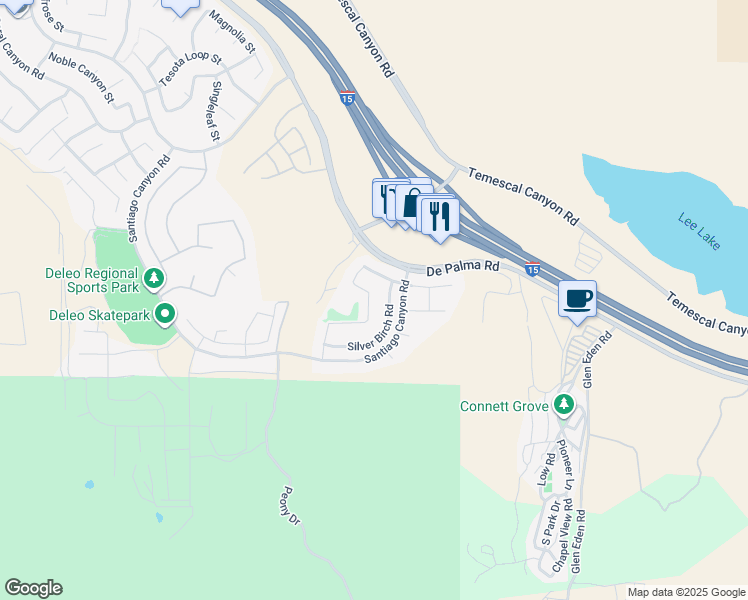 map of restaurants, bars, coffee shops, grocery stores, and more near 25806 Dove Street in Corona