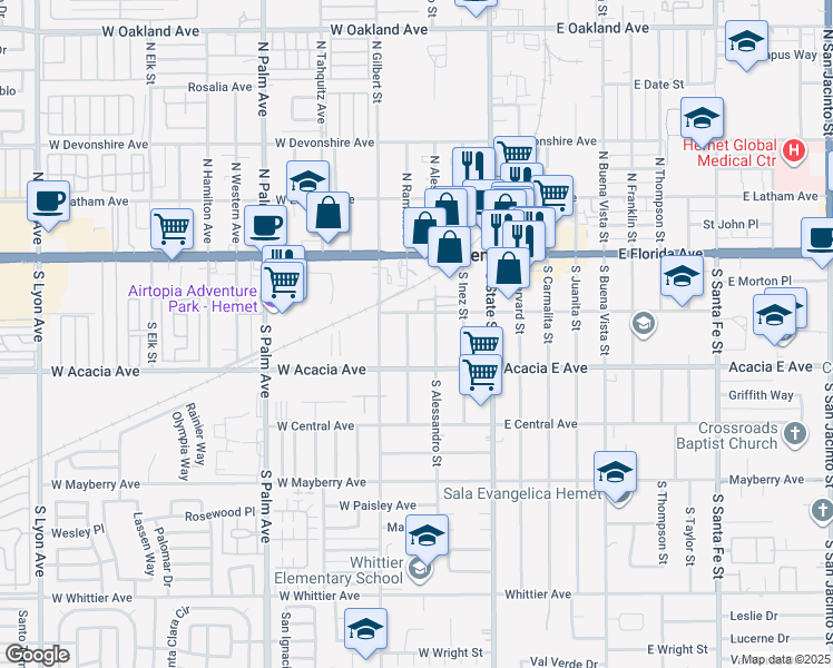map of restaurants, bars, coffee shops, grocery stores, and more near 214 South Ramona Street in Hemet