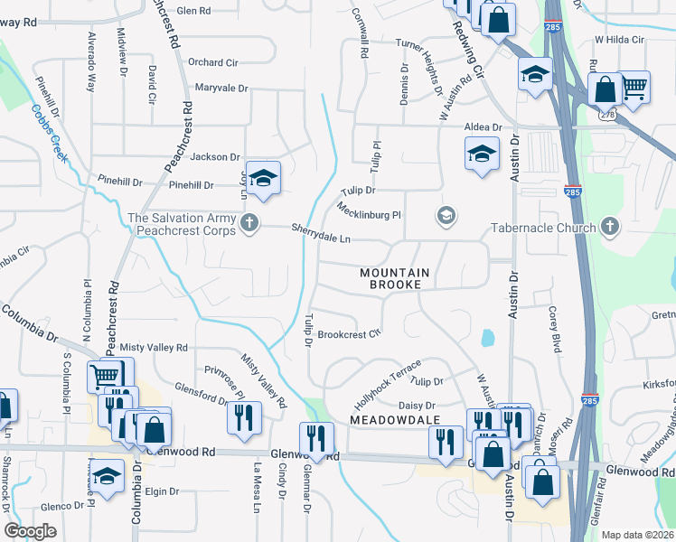 map of restaurants, bars, coffee shops, grocery stores, and more near 3398 Tulip Drive in Decatur