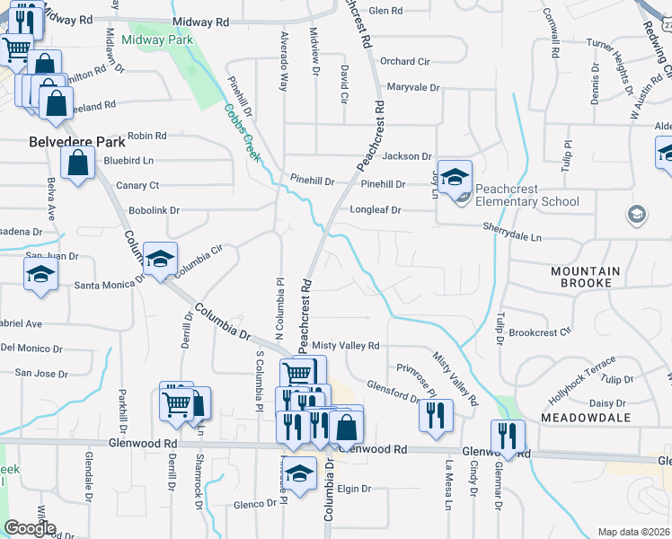 map of restaurants, bars, coffee shops, grocery stores, and more near 3361 Wild Flower Cove in Decatur