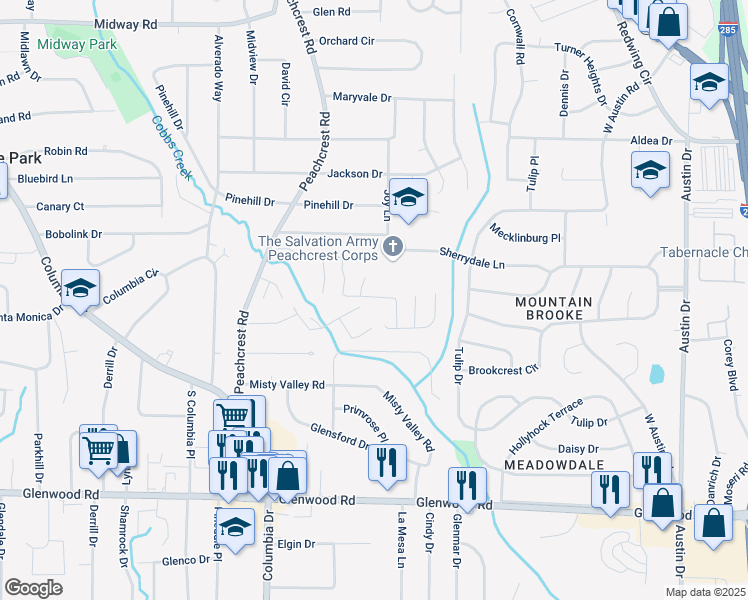 map of restaurants, bars, coffee shops, grocery stores, and more near 1645 Cobbs Creek Lane in Decatur