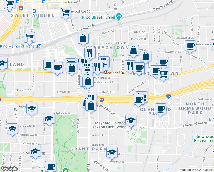 map of restaurants, bars, coffee shops, grocery stores, and more near 349 Cameron Street Southeast in Atlanta