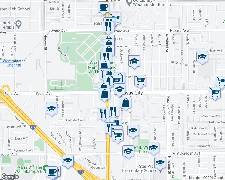 map of restaurants, bars, coffee shops, grocery stores, and more near 8041 Bolsa Avenue in Midway City