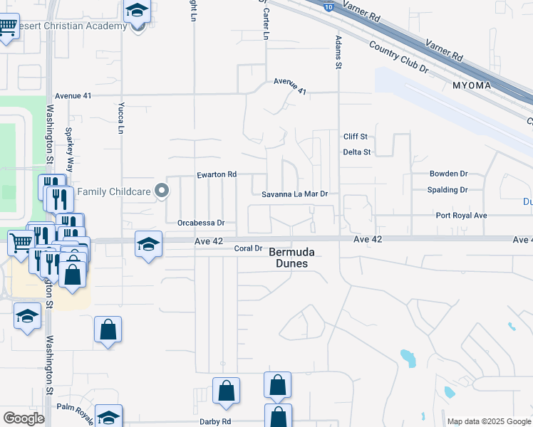 map of restaurants, bars, coffee shops, grocery stores, and more near 78783 Savanna La Mar Drive in Bermuda Dunes