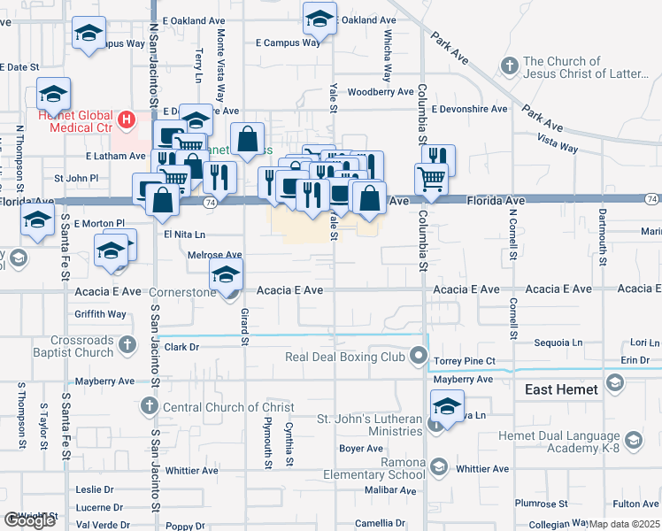 map of restaurants, bars, coffee shops, grocery stores, and more near 241 Yale Street in Hemet