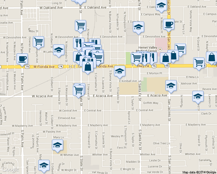 map of restaurants, bars, coffee shops, grocery stores, and more near 515 East Kimball Avenue in Hemet