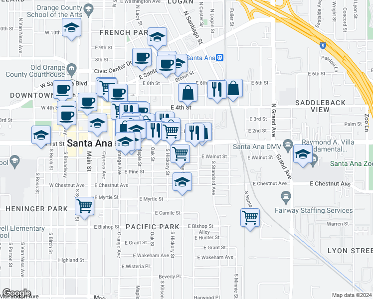 map of restaurants, bars, coffee shops, grocery stores, and more near 827 East First Street in Santa Ana