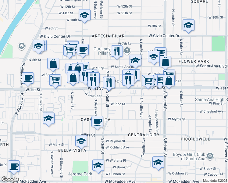 map of restaurants, bars, coffee shops, grocery stores, and more near 1715 West 1st Street in Santa Ana