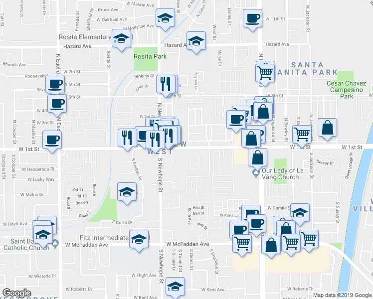 map of restaurants, bars, coffee shops, grocery stores, and more near 1436 West Washington Avenue in Santa Ana