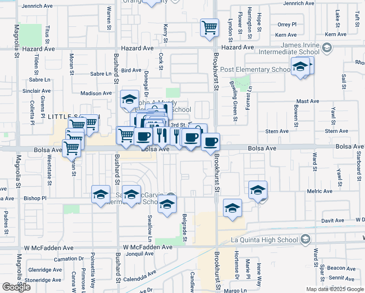 map of restaurants, bars, coffee shops, grocery stores, and more near 9743-9781 Bolsa Avenue in Westminster