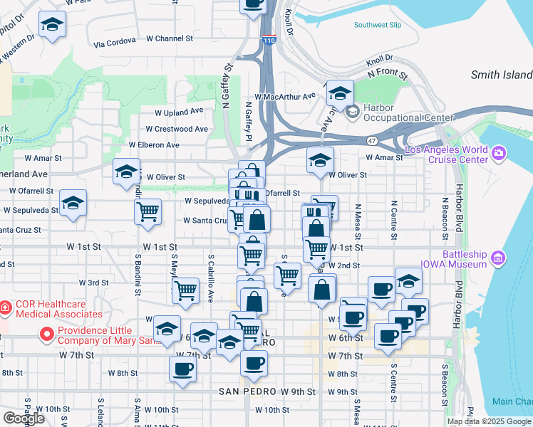 map of restaurants, bars, coffee shops, grocery stores, and more near 670 West Sepulveda Street in Los Angeles