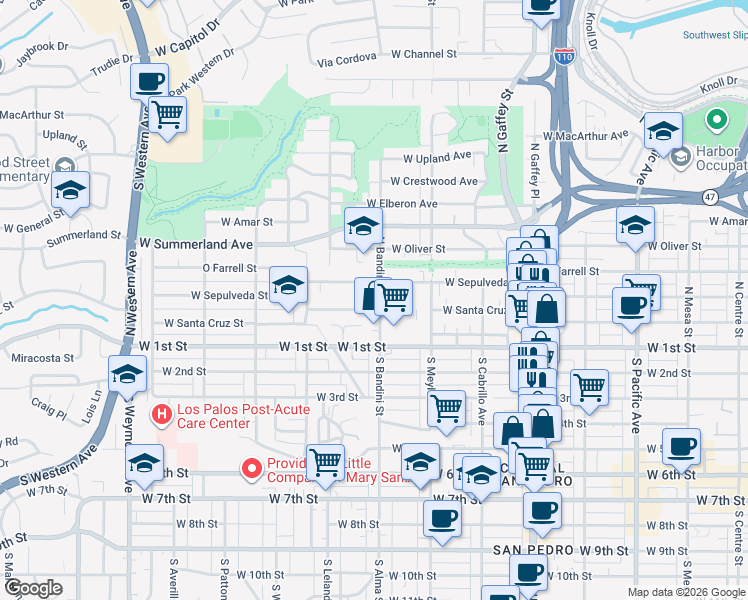 map of restaurants, bars, coffee shops, grocery stores, and more near 1003 West Sepulveda Street in Los Angeles