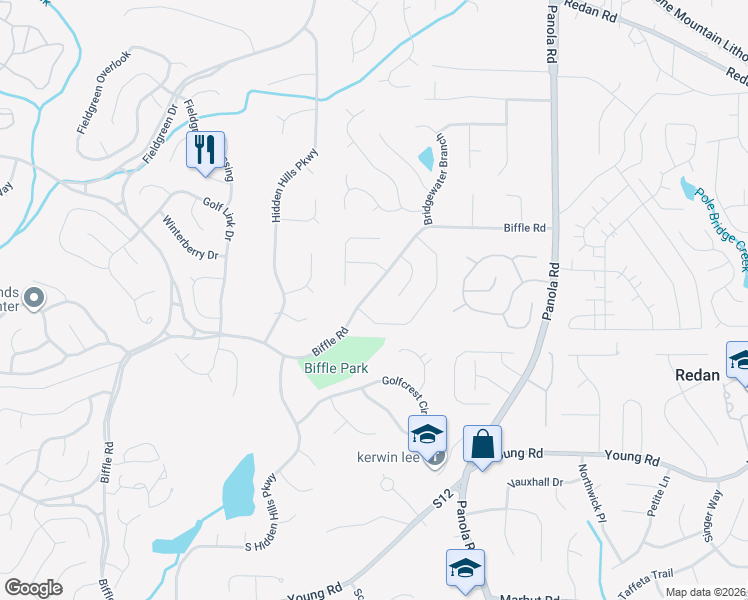 map of restaurants, bars, coffee shops, grocery stores, and more near 5273 Biffle Road in Stone Mountain