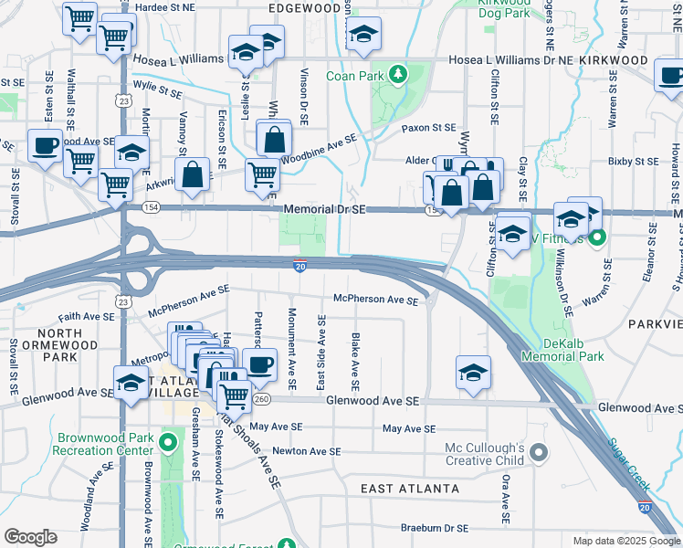 map of restaurants, bars, coffee shops, grocery stores, and more near 281 Lamon Avenue Southeast in Atlanta