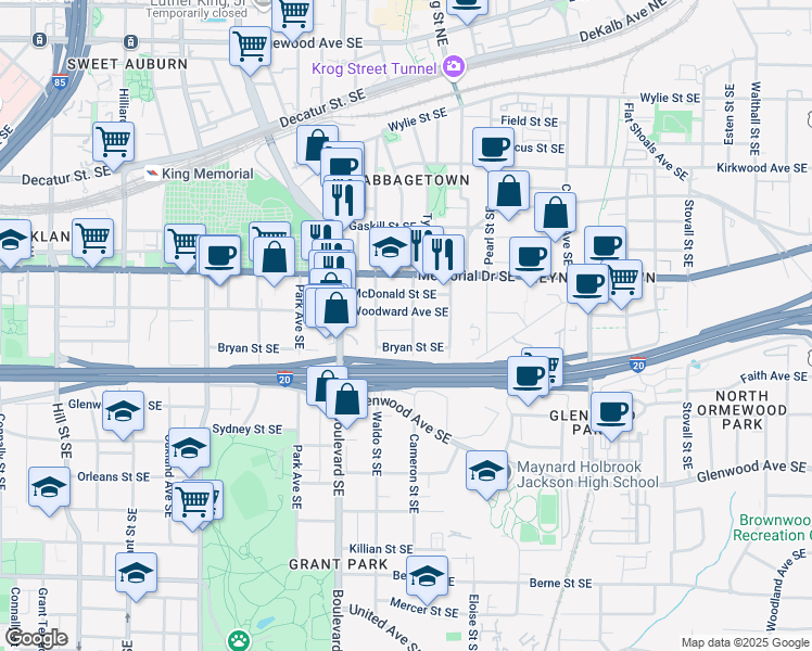 map of restaurants, bars, coffee shops, grocery stores, and more near 349 Cameron Street Southeast in Atlanta