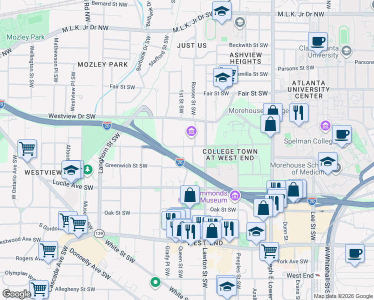 map of restaurants, bars, coffee shops, grocery stores, and more near 1125 Sells Avenue Southwest in Atlanta