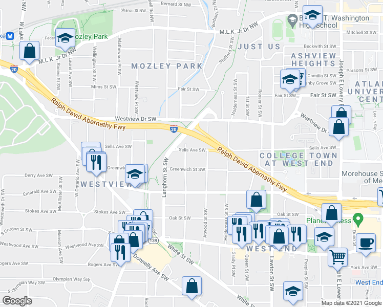 map of restaurants, bars, coffee shops, grocery stores, and more near 1305 Sells Avenue Southwest in Atlanta