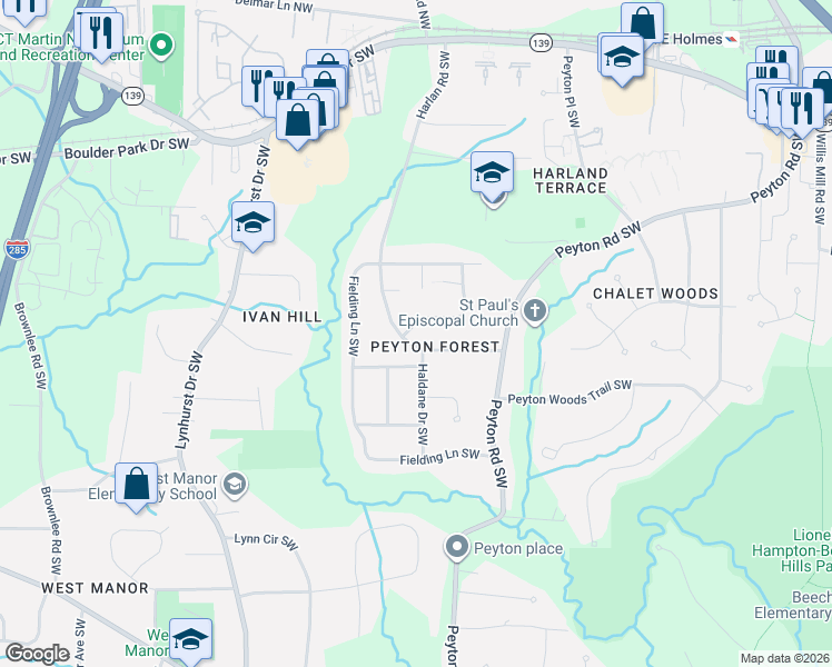 map of restaurants, bars, coffee shops, grocery stores, and more near 394 Harlan Road Southwest in Atlanta