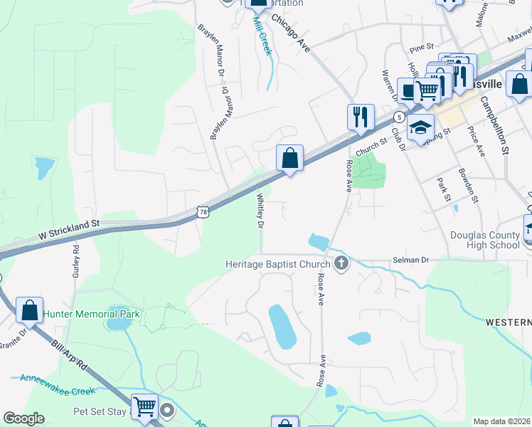 map of restaurants, bars, coffee shops, grocery stores, and more near 8680 Whitley Drive in Douglasville