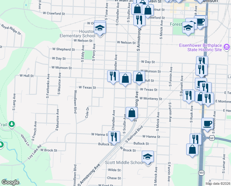 map of restaurants, bars, coffee shops, grocery stores, and more near in Denison