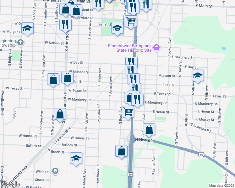 map of restaurants, bars, coffee shops, grocery stores, and more near 327 West Texas Street in Denison