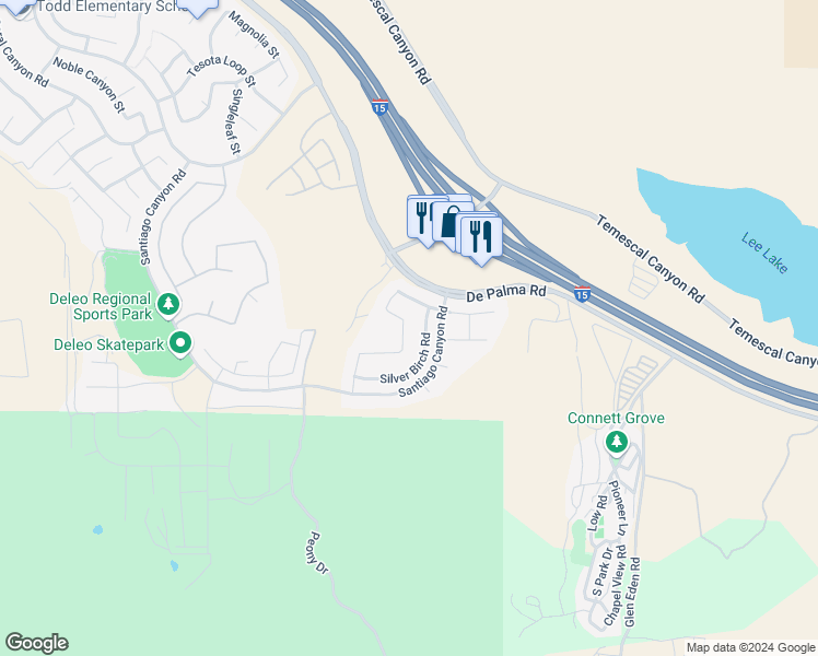 map of restaurants, bars, coffee shops, grocery stores, and more near 25806 Dove Street in Corona