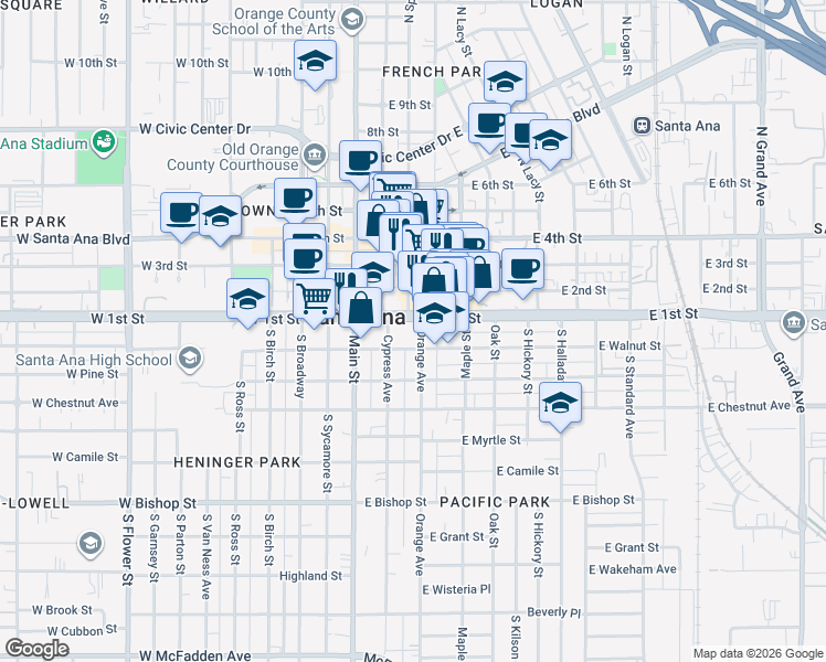 map of restaurants, bars, coffee shops, grocery stores, and more near 243 East First Street in Santa Ana