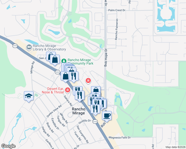 map of restaurants, bars, coffee shops, grocery stores, and more near 71828 Eleanora Lane in Rancho Mirage