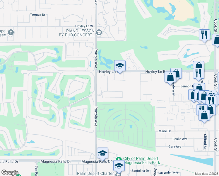 map of restaurants, bars, coffee shops, grocery stores, and more near 41804 Via Treviso in Palm Desert