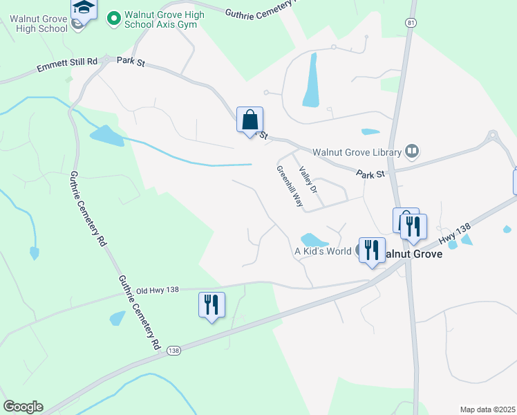 map of restaurants, bars, coffee shops, grocery stores, and more near 227 Cambridge Drive in Loganville