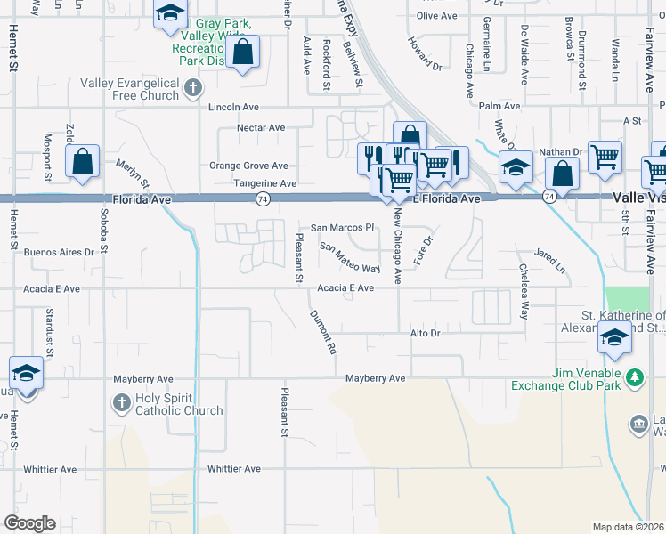 map of restaurants, bars, coffee shops, grocery stores, and more near 25933 San Leandro Court in Hemet