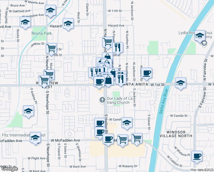 map of restaurants, bars, coffee shops, grocery stores, and more near 3711 West 1st Street in Santa Ana