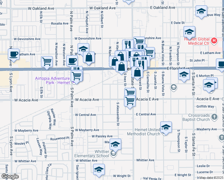 map of restaurants, bars, coffee shops, grocery stores, and more near 214 South Ramona Street in Hemet