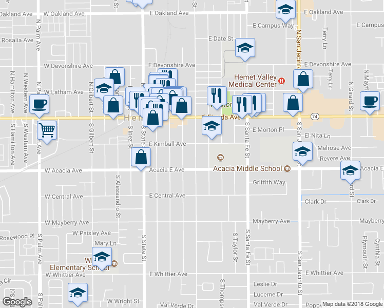map of restaurants, bars, coffee shops, grocery stores, and more near 229 South Buena Vista Street in Hemet