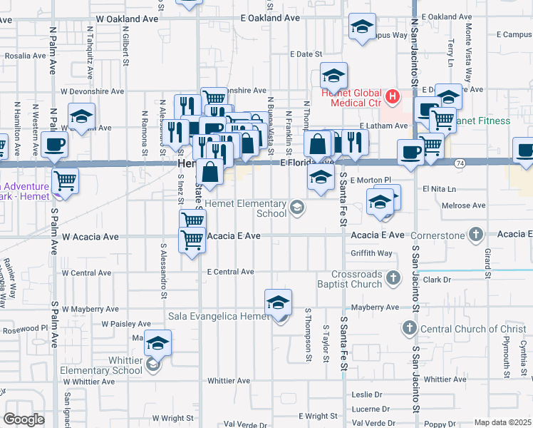 map of restaurants, bars, coffee shops, grocery stores, and more near 229 South Buena Vista Street in Hemet