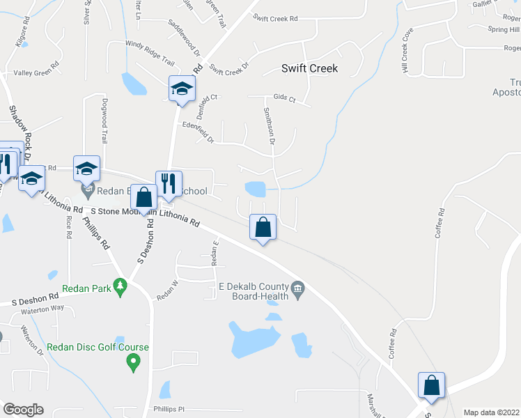 map of restaurants, bars, coffee shops, grocery stores, and more near 1569 Smithson Cove in Lithonia